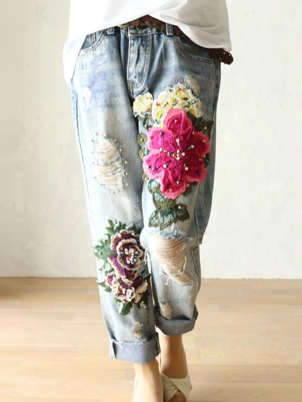 Jean Boyfriend Brodé Fleurs Vintage