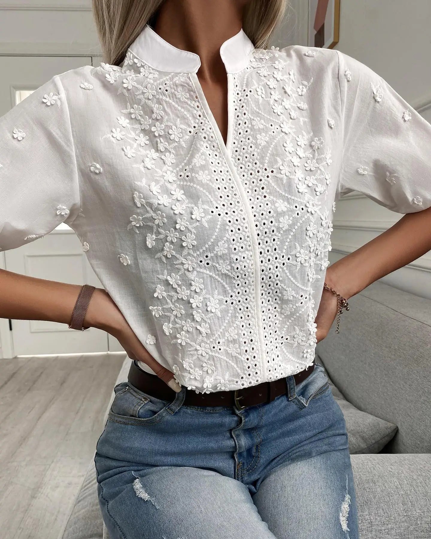 Chemisier Blanc Brodé Femme | Blouse Élégante Fleurie Chic – Hope & Light Girlz