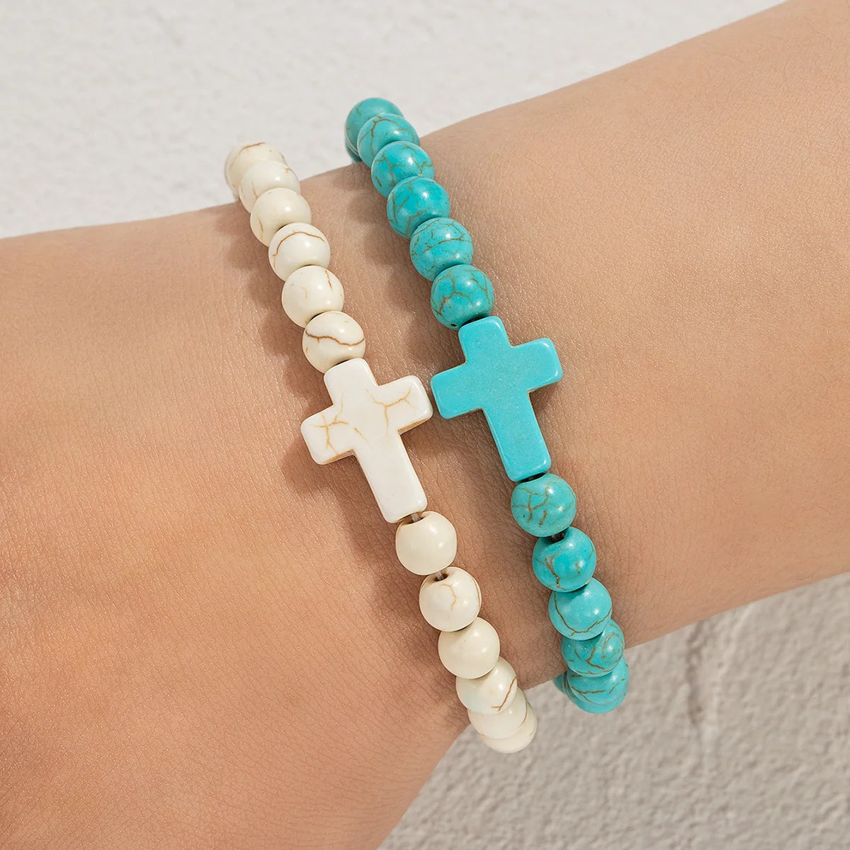 Duo de Bracelets Croix – Turquoise & Ivoire