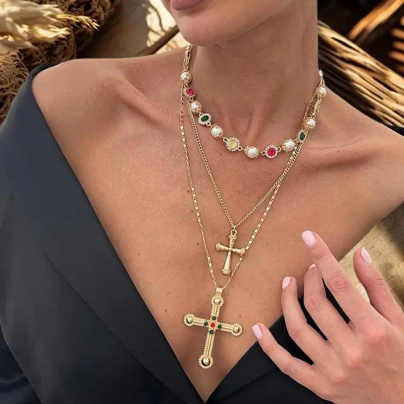 ✨ Collier Multirangs Croix & Cœurs – Perles & Pierres Colorées – Style Bohème Chic Chrétien