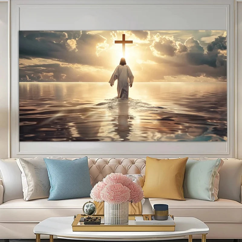 Tableau mural – Jésus-Christ marche sur les eaux | Art chrétien spirituel sur toile, foi et lumière