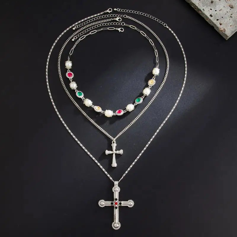 ✨ Collier Multirangs Croix & Cœurs – Perles & Pierres Colorées – Style Bohème Chic Chrétien