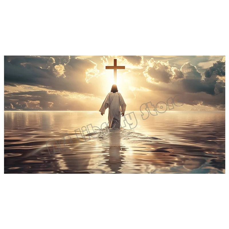 Tableau mural – Jésus-Christ marche sur les eaux | Art chrétien spirituel sur toile, foi et lumière