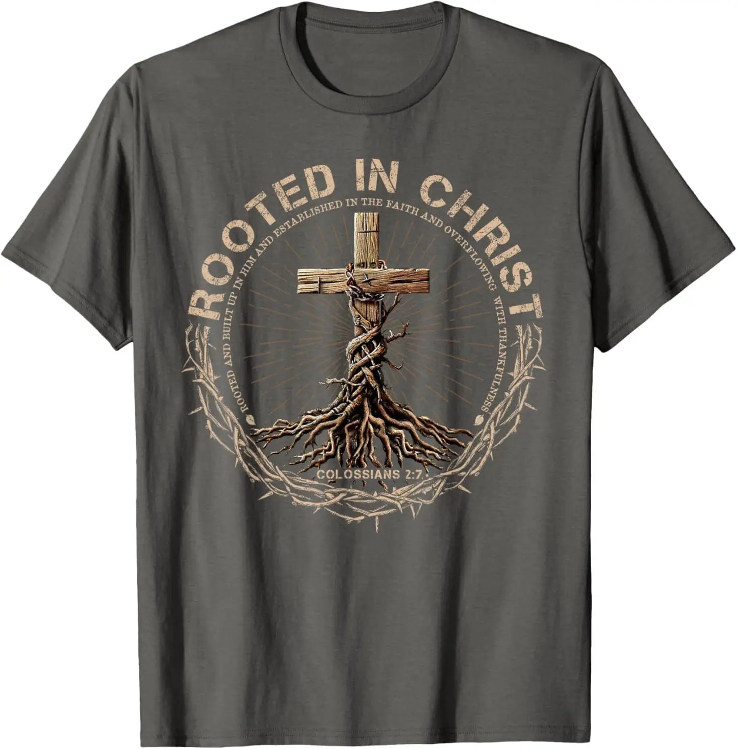 T-Shirt Chrétien Homme “Rooted in Christ” – Colossiens 2:7 – Tee-Shirt Foi Masculin du S au XXXL (Bleu, Rouge, Noir, Gris)