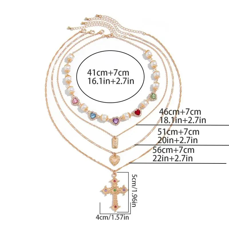 ✨ Collier Multirangs Croix & Cœurs – Perles & Pierres Colorées – Style Bohème Chic Chrétien