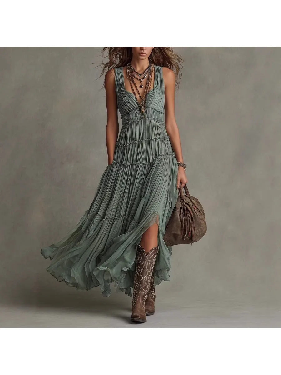 🌿 Robe Longue Bohème Élégance Sauvage – Vert Sauge