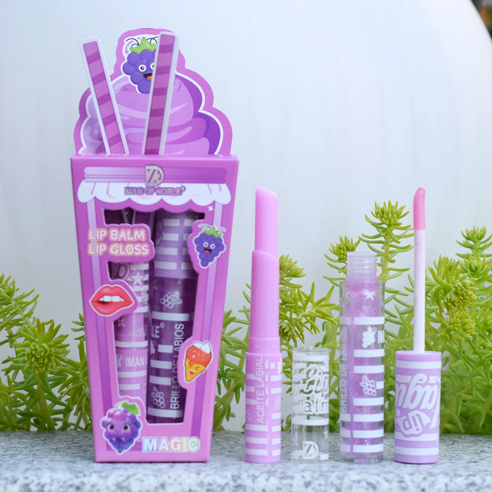 Gloss & Baume à Lèvres Fruité Kawaii – Duo Hydratant Girly Rose & Violet 🍓🍒🍇