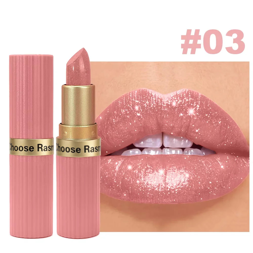 Rouge à Lèvres Pailleté Nude Rosé Waterproof – Effet Glossy Diamant & Lèvres Pulpeuses