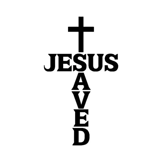 Autocollant chrétien voiture “Jesus Saved” – Croix minimaliste – Noir ou Blanc – 13x8 cm