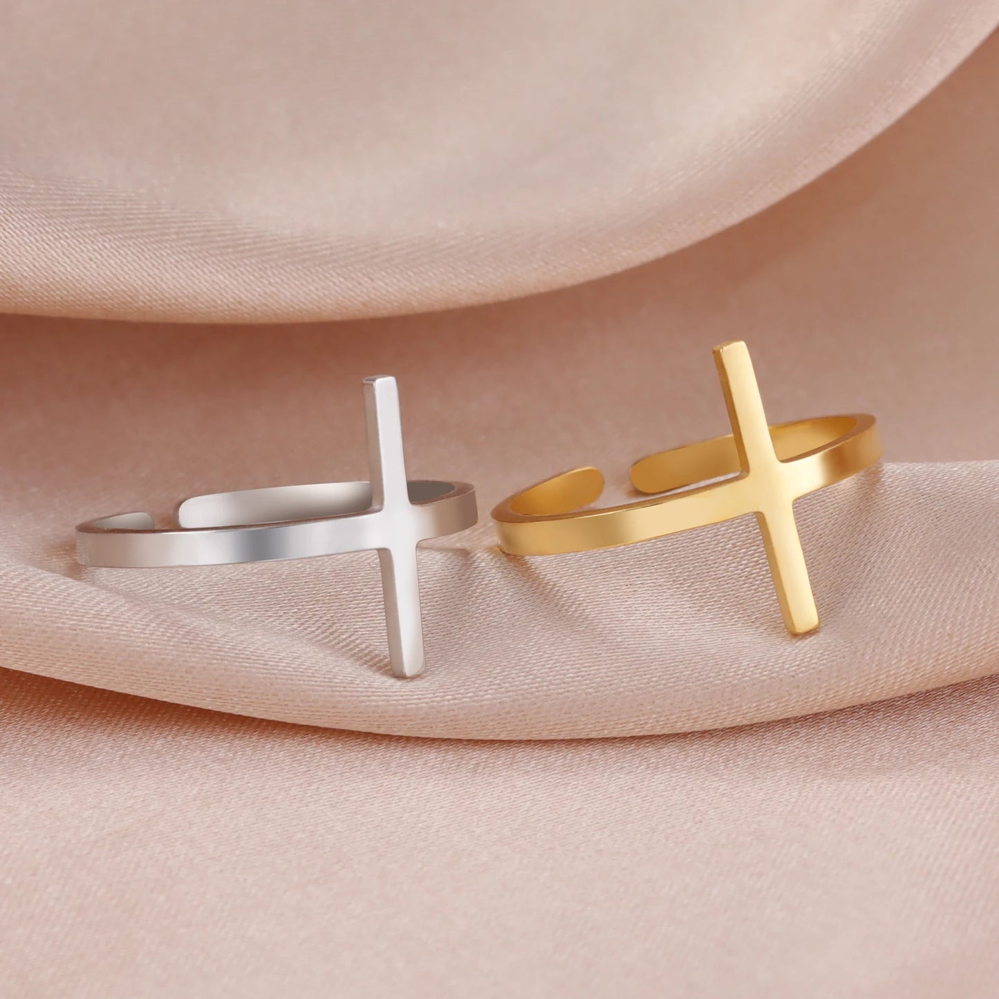 🌿 Bague Croix Femme Ajustable en Acier Inoxydable – Or, Argent ou Or Rose – Anneau Chrétien Minimaliste