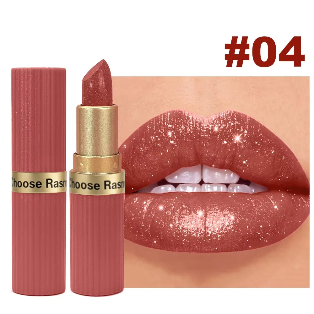 Rouge à Lèvres Pailleté Nude Rosé Waterproof – Effet Glossy Diamant & Lèvres Pulpeuses