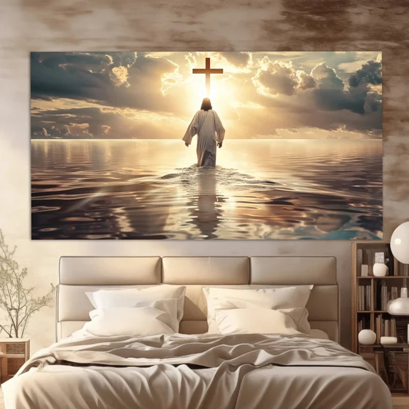 Tableau mural – Jésus-Christ marche sur les eaux | Art chrétien spirituel sur toile, foi et lumière