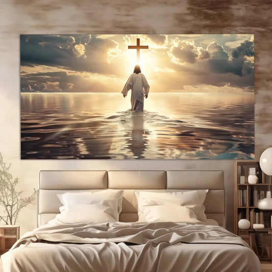 Tableau mural – Jésus-Christ marche sur les eaux | Art chrétien spirituel sur toile, foi et lumière