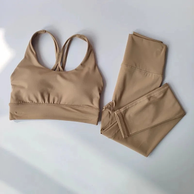 Ensemble Sport Femme Yoga &amp; Fitness – Brassière Croisée &amp; Legging Sculptant ✨ Du S au XL • Coloris Coffee, Black, Purple, Rose Red &amp; Beige