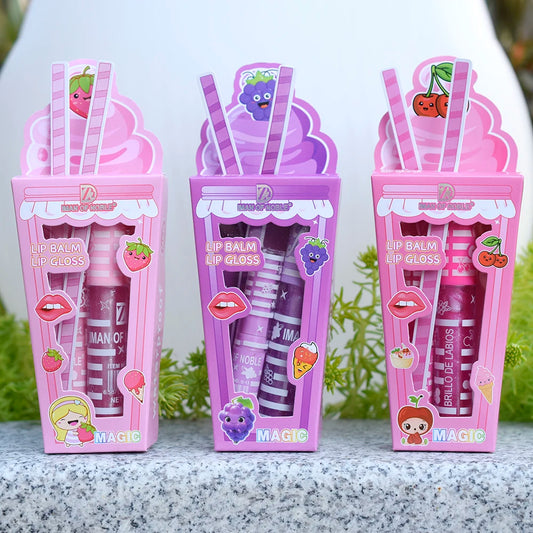 Gloss & Baume à Lèvres Fruité Kawaii – Duo Hydratant Girly Rose & Violet 🍓🍒🍇