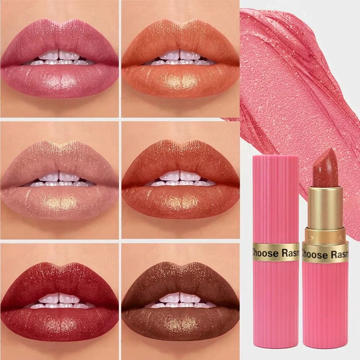 Rouge à Lèvres Pailleté Nude Rosé Waterproof – Effet Glossy Diamant & Lèvres Pulpeuses