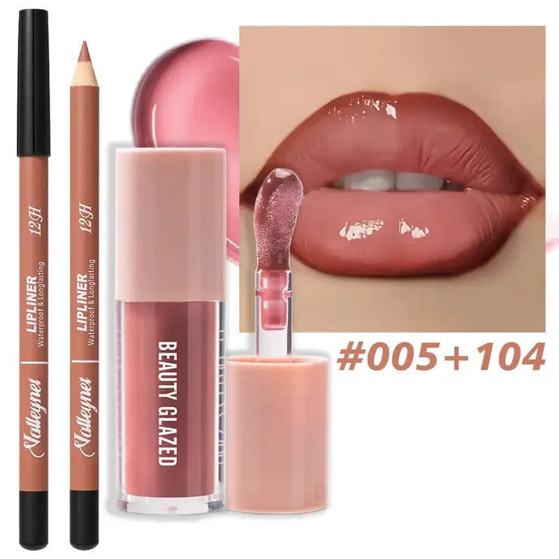 Kit Contour Lèvres & Gloss Waterproof Beauty Glazed – Effet Pulpeux Longue Tenue Nude Girly