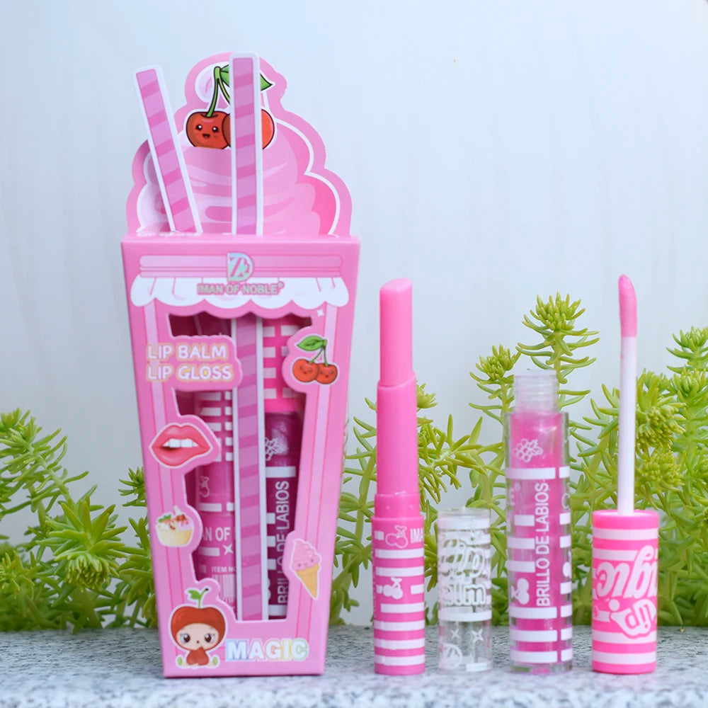 Gloss & Baume à Lèvres Fruité Kawaii – Duo Hydratant Girly Rose & Violet 🍓🍒🍇