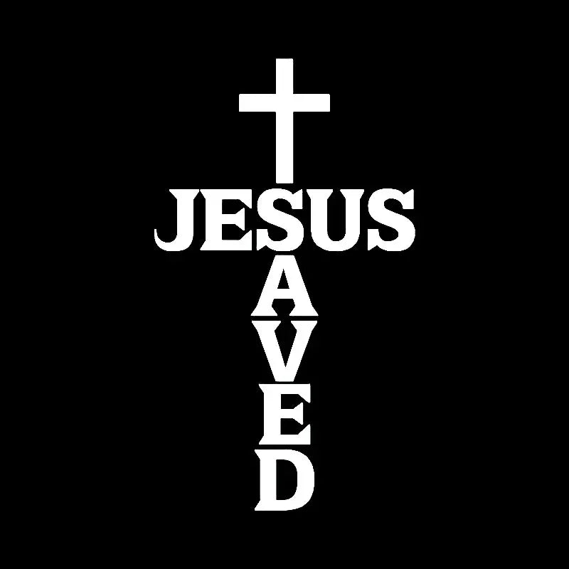 Autocollant chrétien voiture “Jesus Saved” – Croix minimaliste – Noir ou Blanc – 13x8 cm