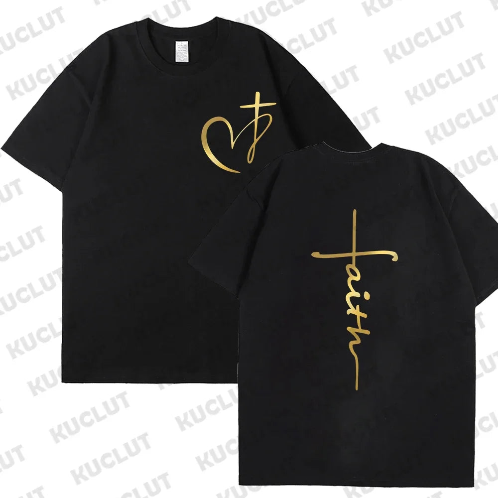 T-shirt chrétien femme « Faith » – Croix dorée ou argentée | Hope & Light Girlz
