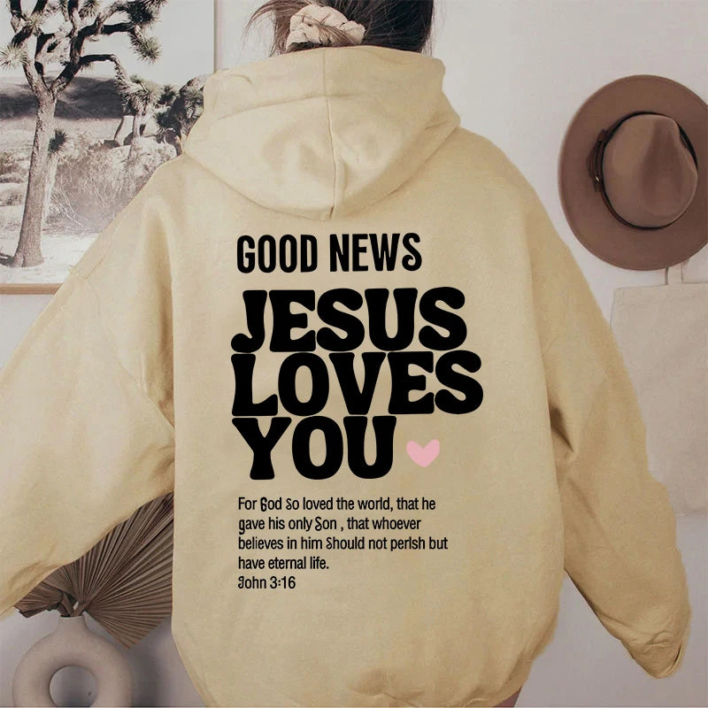 🌟 Sweat à capuche chrétien femme – “Good News Jesus Loves You” | Hoodie oversize foi & style