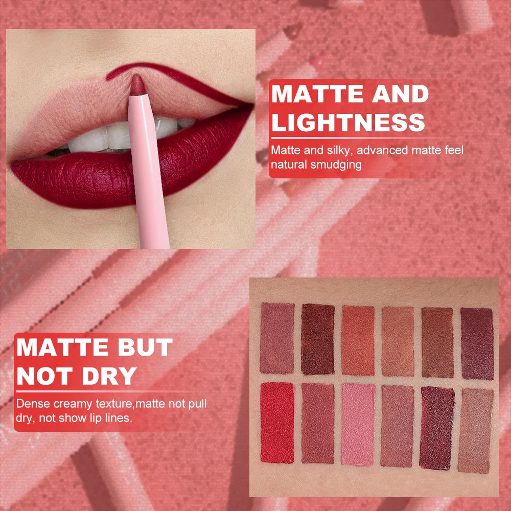 💋 Coffret Crayons Contour des Lèvres DUNUF – 12 Teintes Ultra Pigmentées Longue Tenue Waterproof