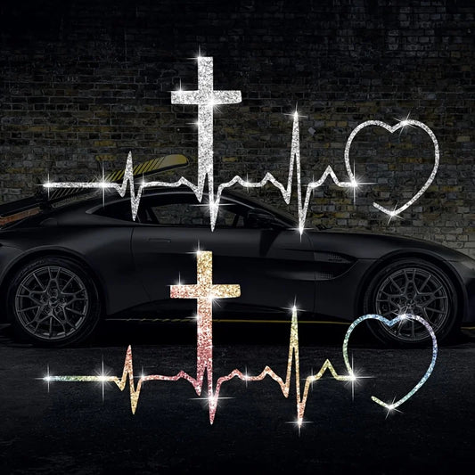 Sticker Voiture Croix & Battement de Cœur – Foi Vivante