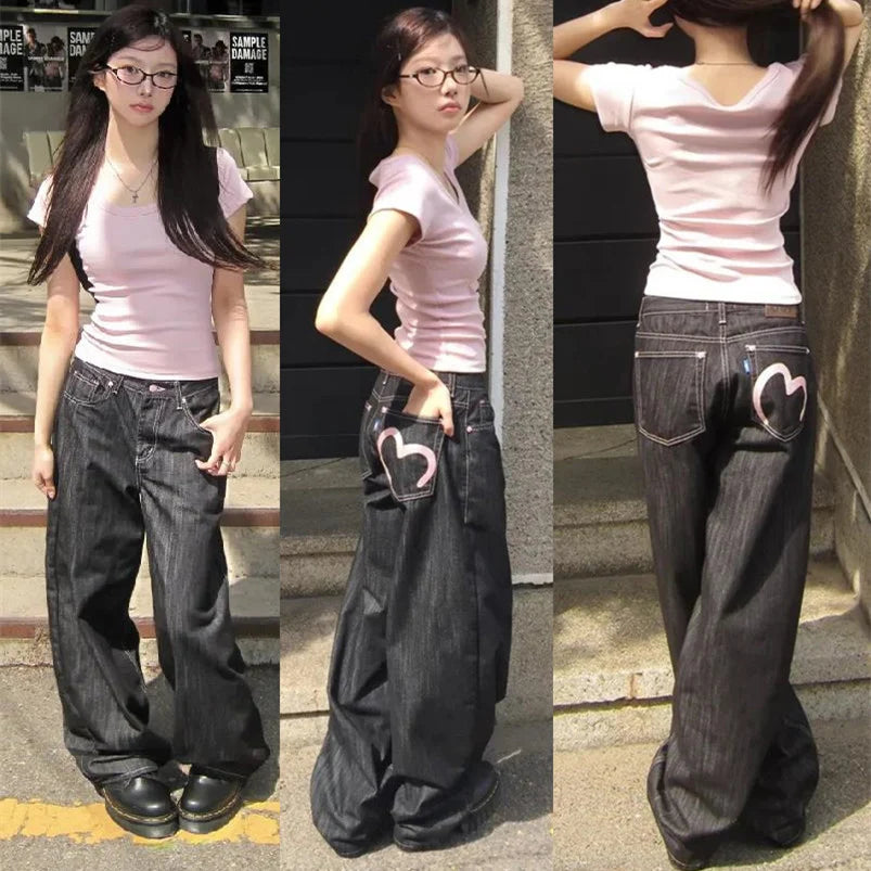 Jean Baggy Y2K Cœur Noir Femme – Coupe Loose Streetwear Taille S à L