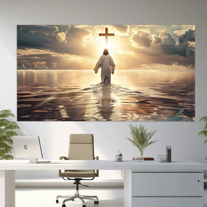 Tableau mural – Jésus-Christ marche sur les eaux | Art chrétien spirituel sur toile, foi et lumière