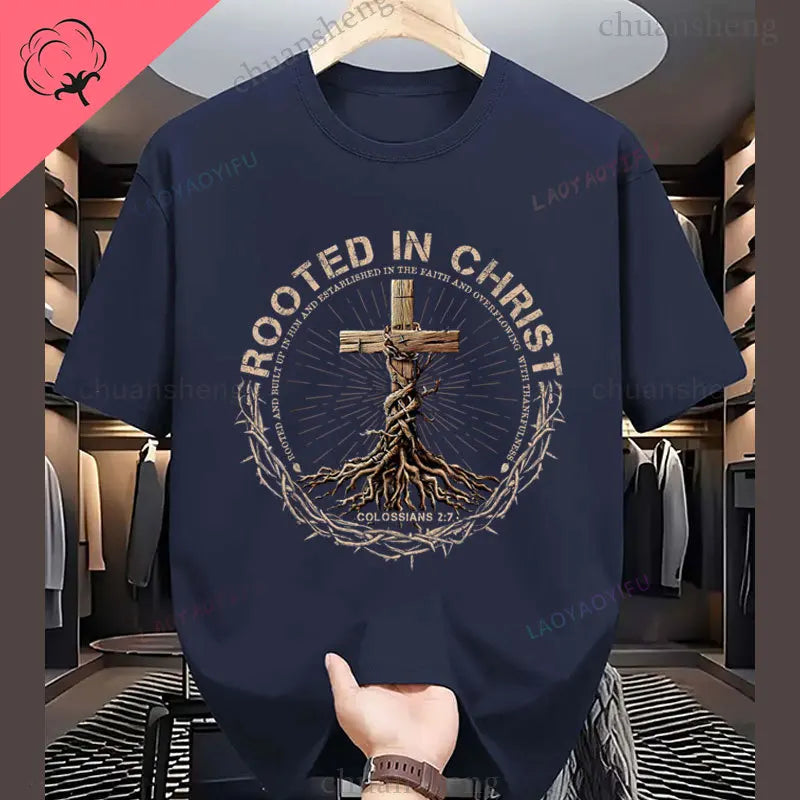 T-Shirt Chrétien Homme “Rooted in Christ” – Colossiens 2:7 – Tee-Shirt Foi Masculin du S au XXXL (Bleu, Rouge, Noir, Gris)