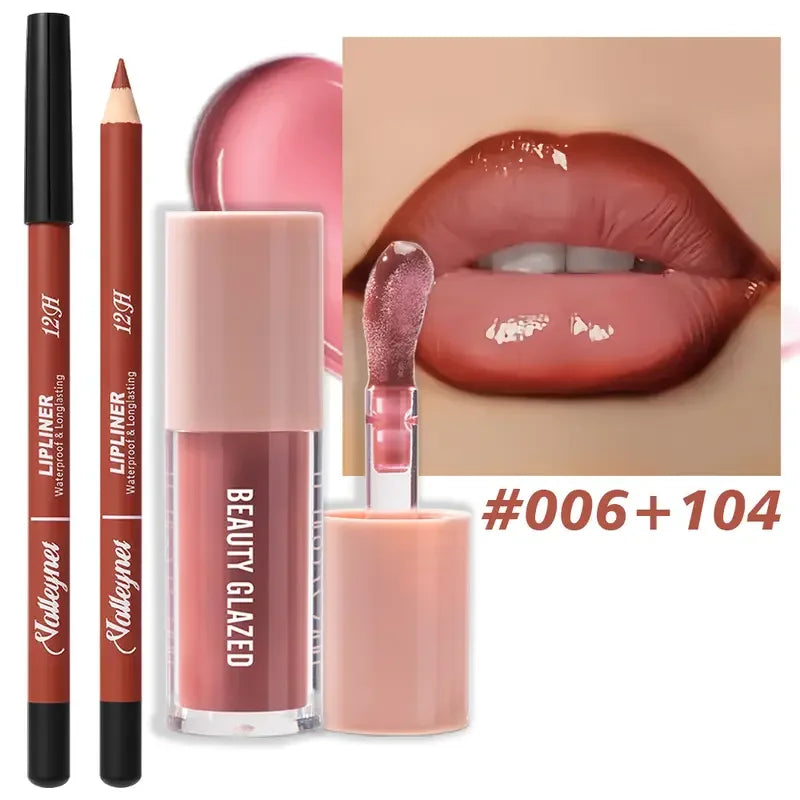 Kit Contour Lèvres & Gloss Waterproof Beauty Glazed – Effet Pulpeux Longue Tenue Nude Girly