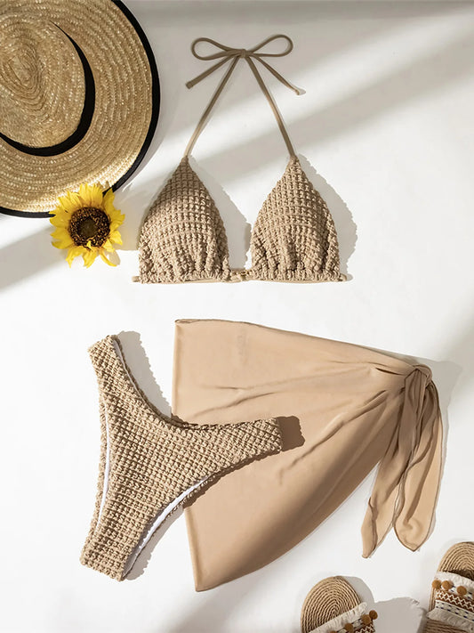 Bikini 3 pièces femme texturé avec paréo – Ensemble plage beige chic | Hope, Light & Sun
