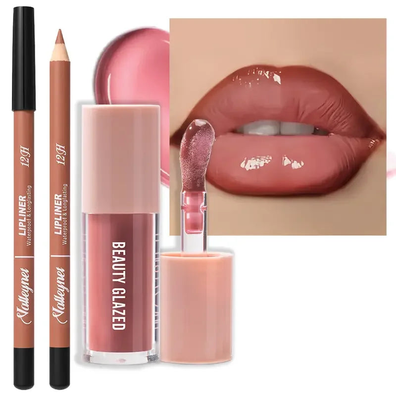 Kit Contour Lèvres & Gloss Waterproof Beauty Glazed – Effet Pulpeux Longue Tenue Nude Girly