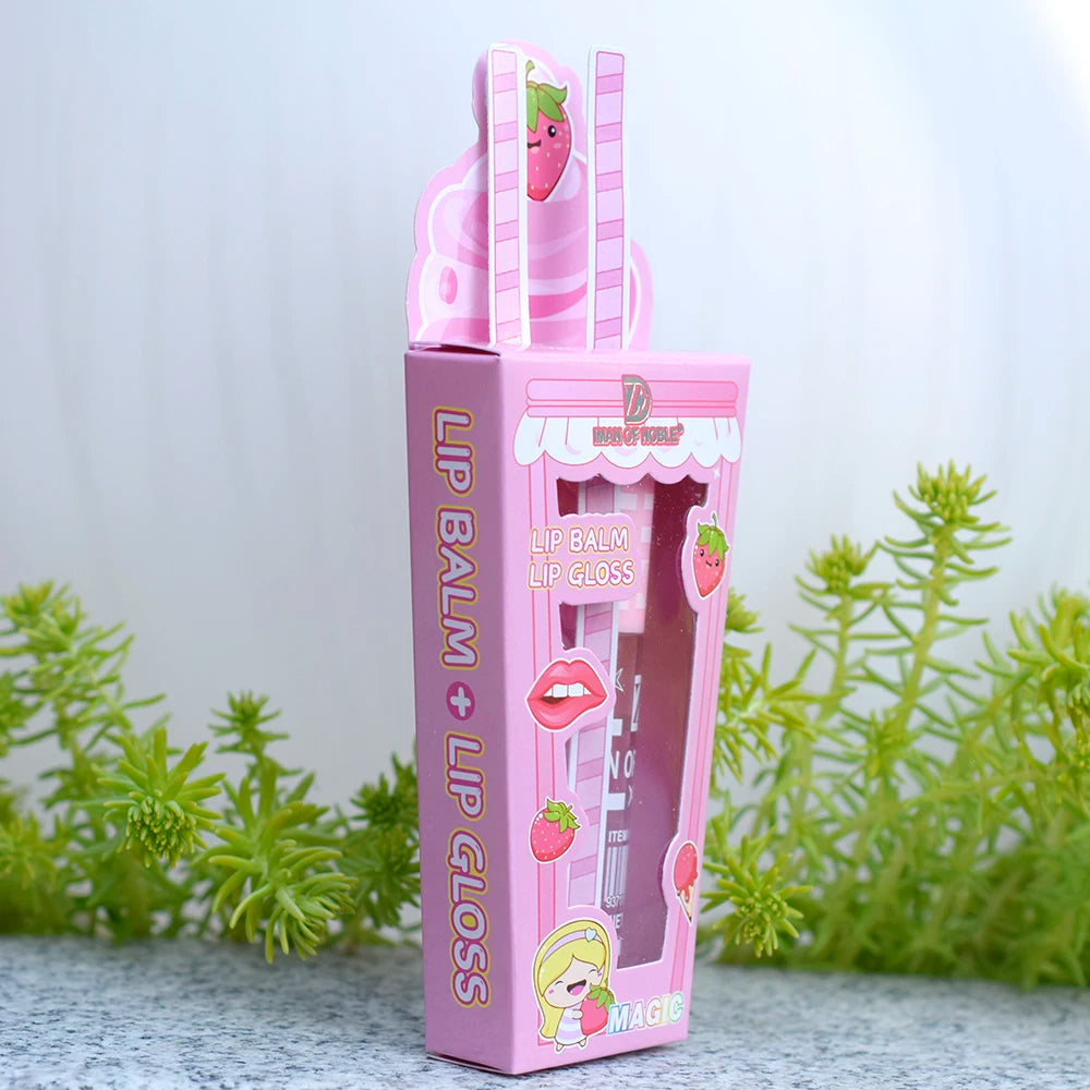 Gloss & Baume à Lèvres Fruité Kawaii – Duo Hydratant Girly Rose & Violet 🍓🍒🍇