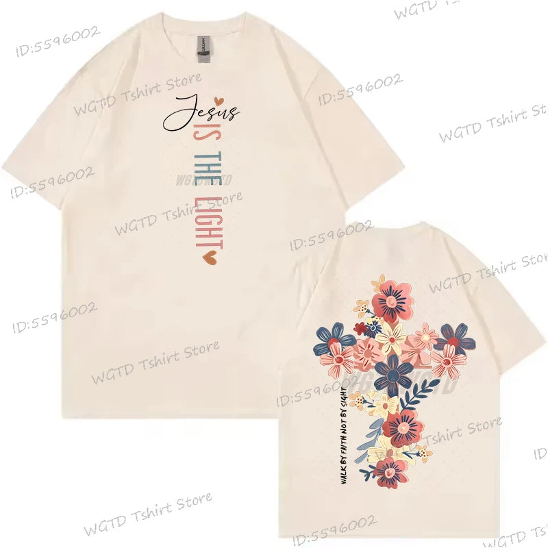 🌸Tee-shirt Chrétien Femme “Jesus Is The Light” – Croix Florale Dos – T-Shirt Biblique Inspirant – 12 Coloris