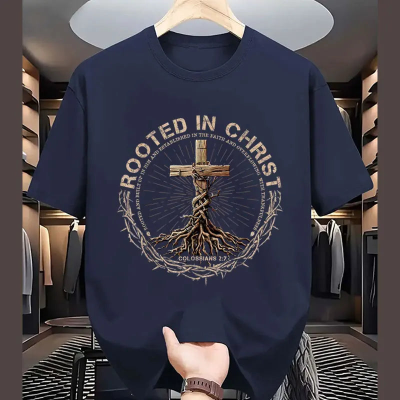 T-Shirt Chrétien Homme “Rooted in Christ” – Colossiens 2:7 – Tee-Shirt Foi Masculin du S au XXXL (Bleu, Rouge, Noir, Gris)