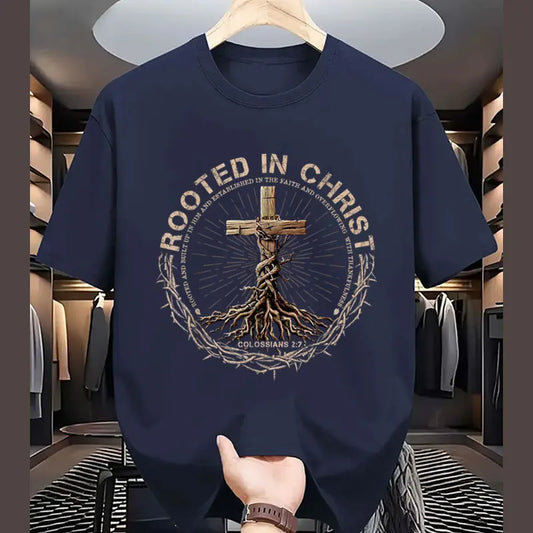 T-Shirt Chrétien Homme “Rooted in Christ” – Colossiens 2:7 – Tee-Shirt Foi Masculin du S au XXXL (Bleu, Rouge, Noir, Gris)
