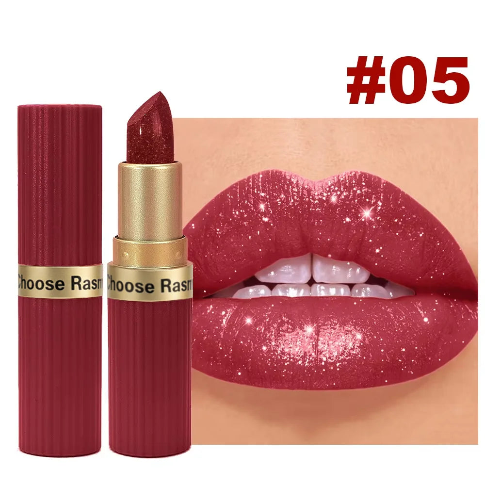 Rouge à Lèvres Pailleté Nude Rosé Waterproof – Effet Glossy Diamant & Lèvres Pulpeuses