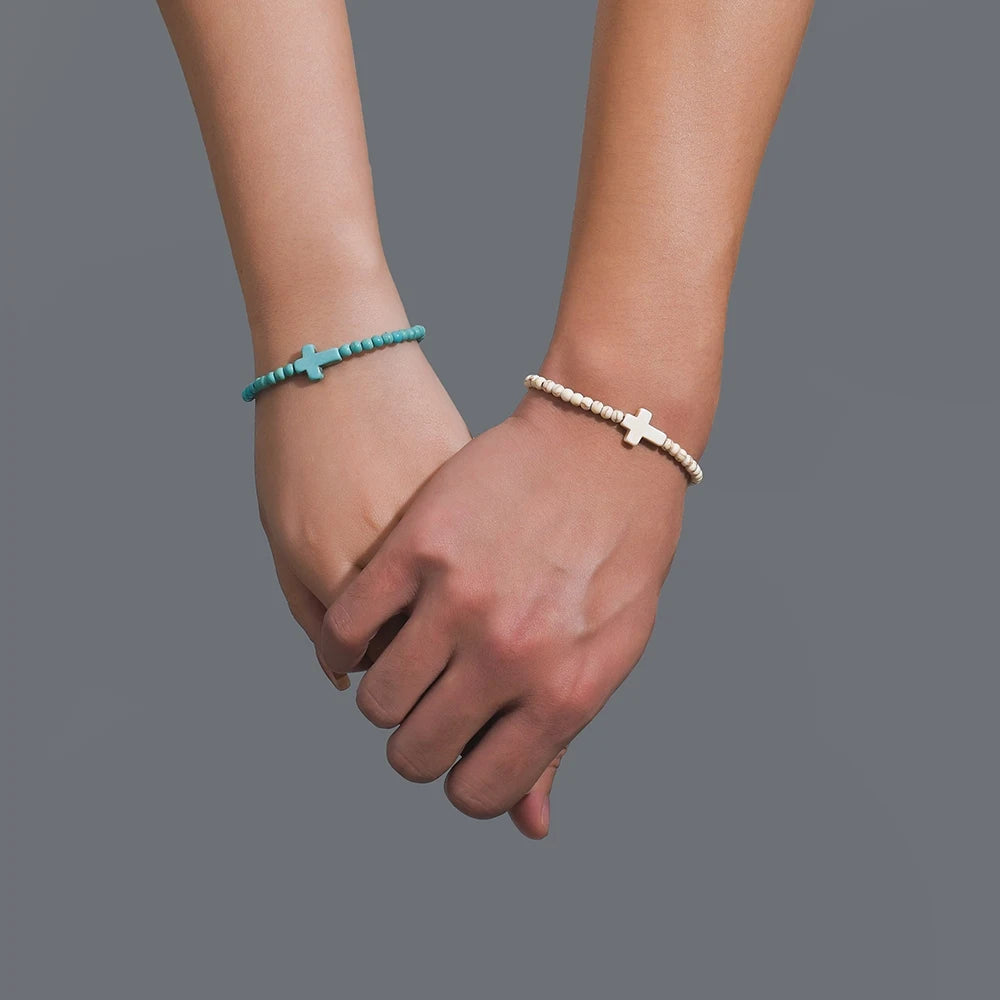 Duo de Bracelets Croix – Turquoise & Ivoire