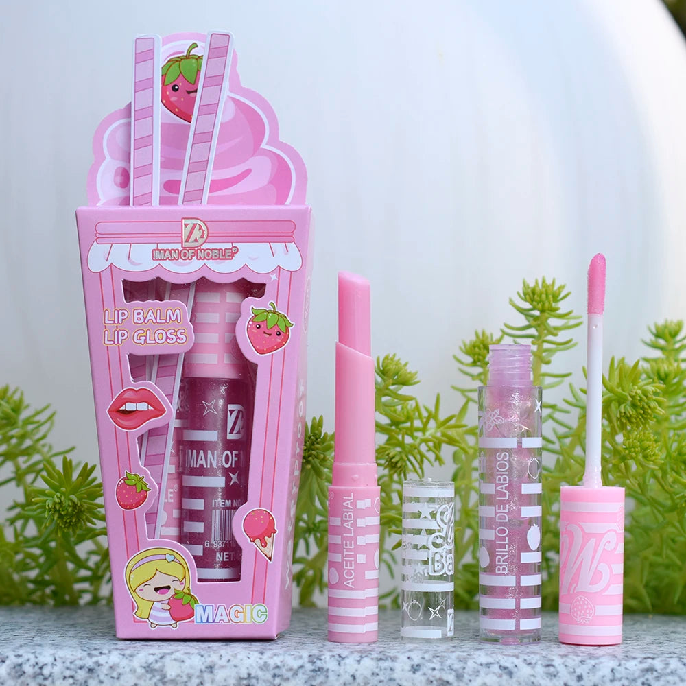 Gloss & Baume à Lèvres Fruité Kawaii – Duo Hydratant Girly Rose & Violet 🍓🍒🍇