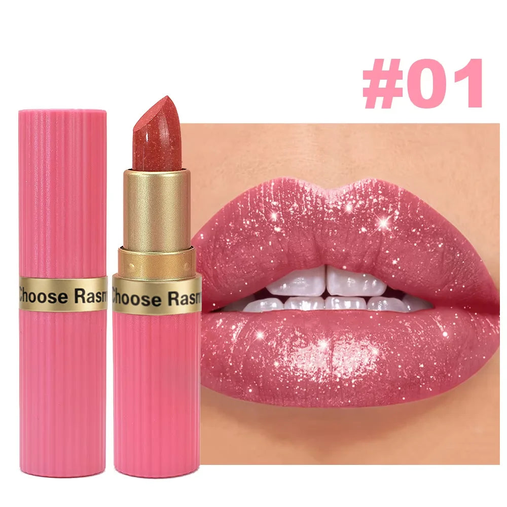 Rouge à Lèvres Pailleté Nude Rosé Waterproof – Effet Glossy Diamant & Lèvres Pulpeuses
