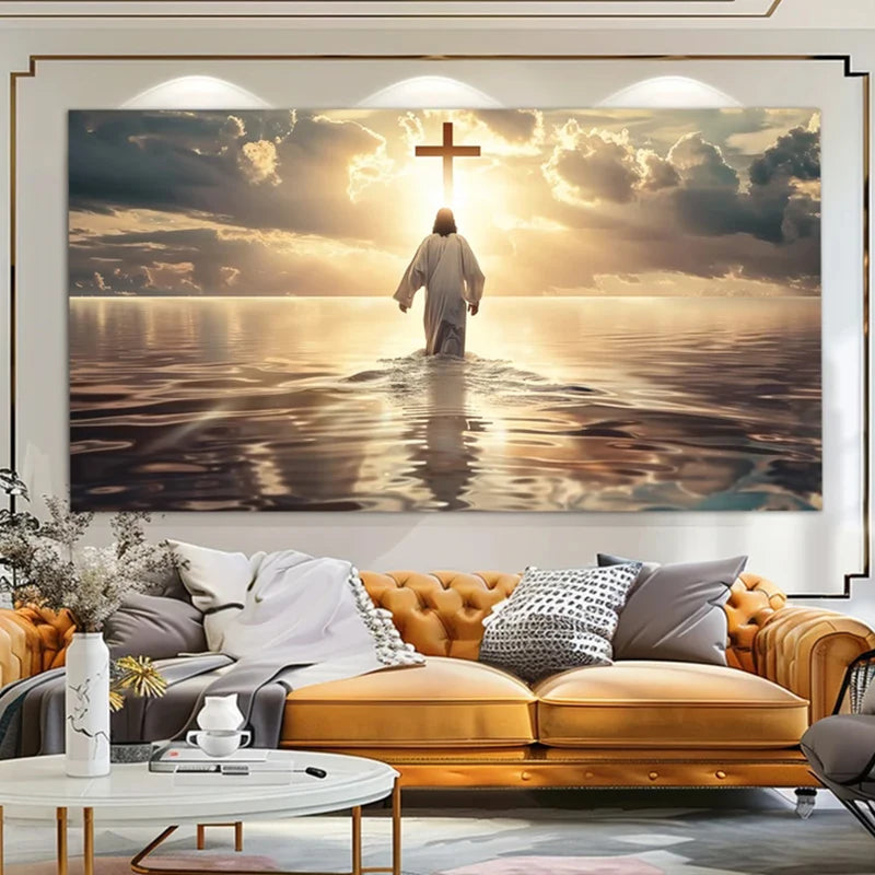Tableau mural – Jésus-Christ marche sur les eaux | Art chrétien spirituel sur toile, foi et lumière