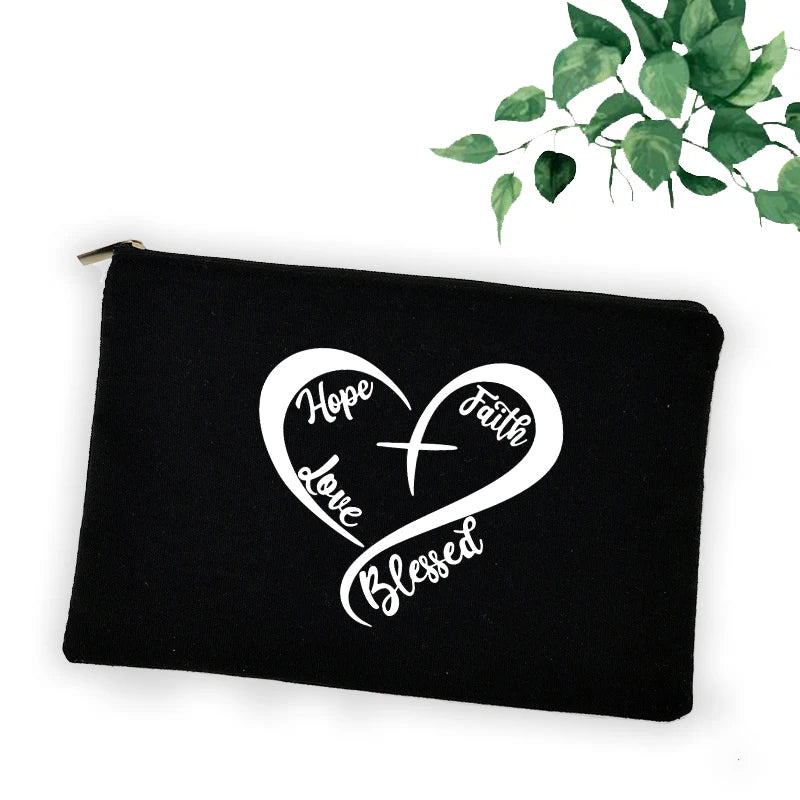 Trousse chrétienne “Faith Hope Love” – Pochette maquillage, stylos ou accessoires – Design croix et message de foi