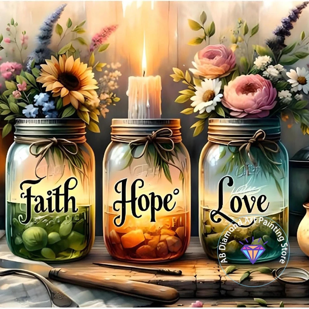 Tableau “Faith • Hope • Love” – Diamond Painting Chrétien | Art méditatif de lumière