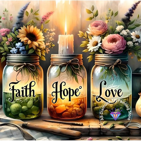 Tableau “Faith • Hope • Love” – Diamond Painting Chrétien | Art méditatif de lumière