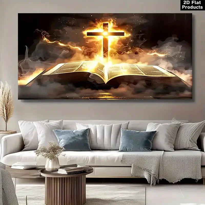 Tableau “La Croix de Feu et la Parole Vivante” – Peinture murale chrétienne sur toile | Puissance du Saint-Esprit et gloire divine