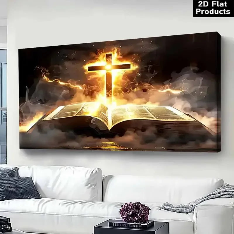Tableau “La Croix de Feu et la Parole Vivante” – Peinture murale chrétienne sur toile | Puissance du Saint-Esprit et gloire divine