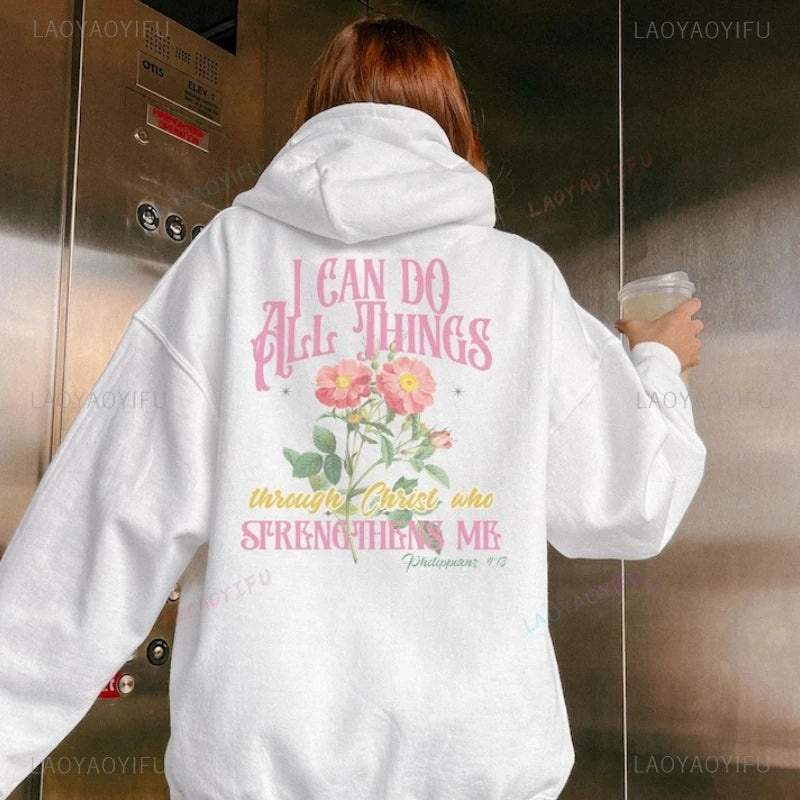 Sweat chrétien femme – “I Can Do All Things Through Christ” | Philippiens 4:13 | Style oversize floral