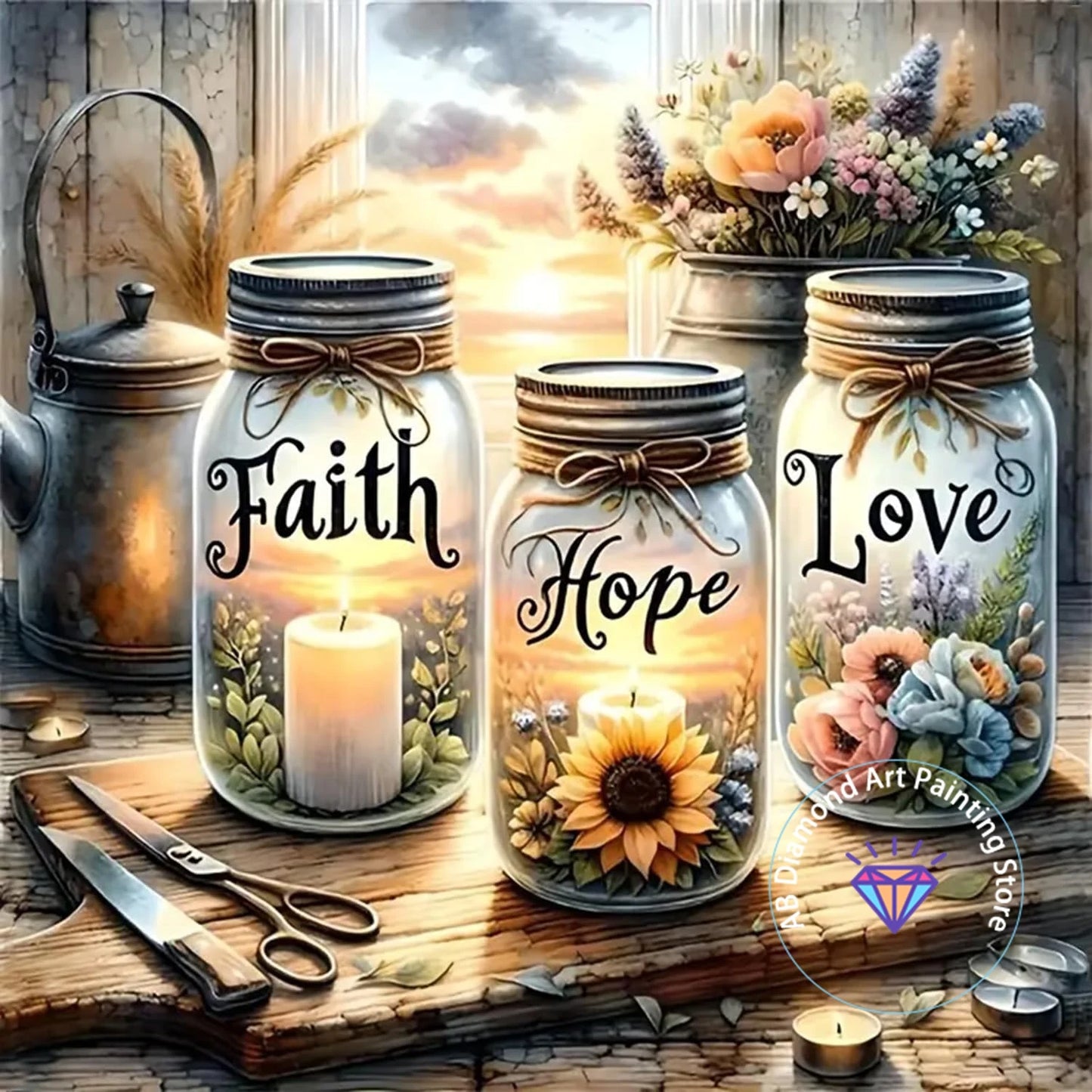 Tableau “Faith • Hope • Love” – Diamond Painting Chrétien | Art méditatif de lumière
