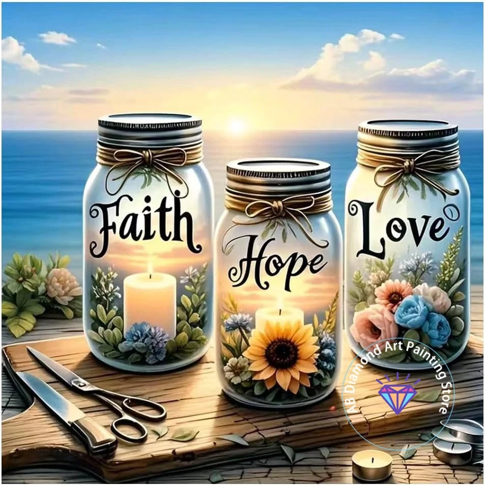 Tableau “Faith • Hope • Love” – Diamond Painting Chrétien | Art méditatif de lumière